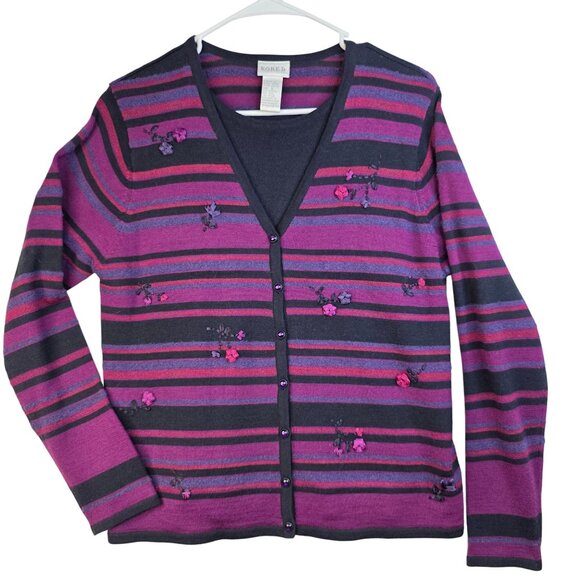 Koret Small Wool Blend Floral Embroidered Cardigan Y2K Purple Vintage Deadstock - Picture 1 of 8